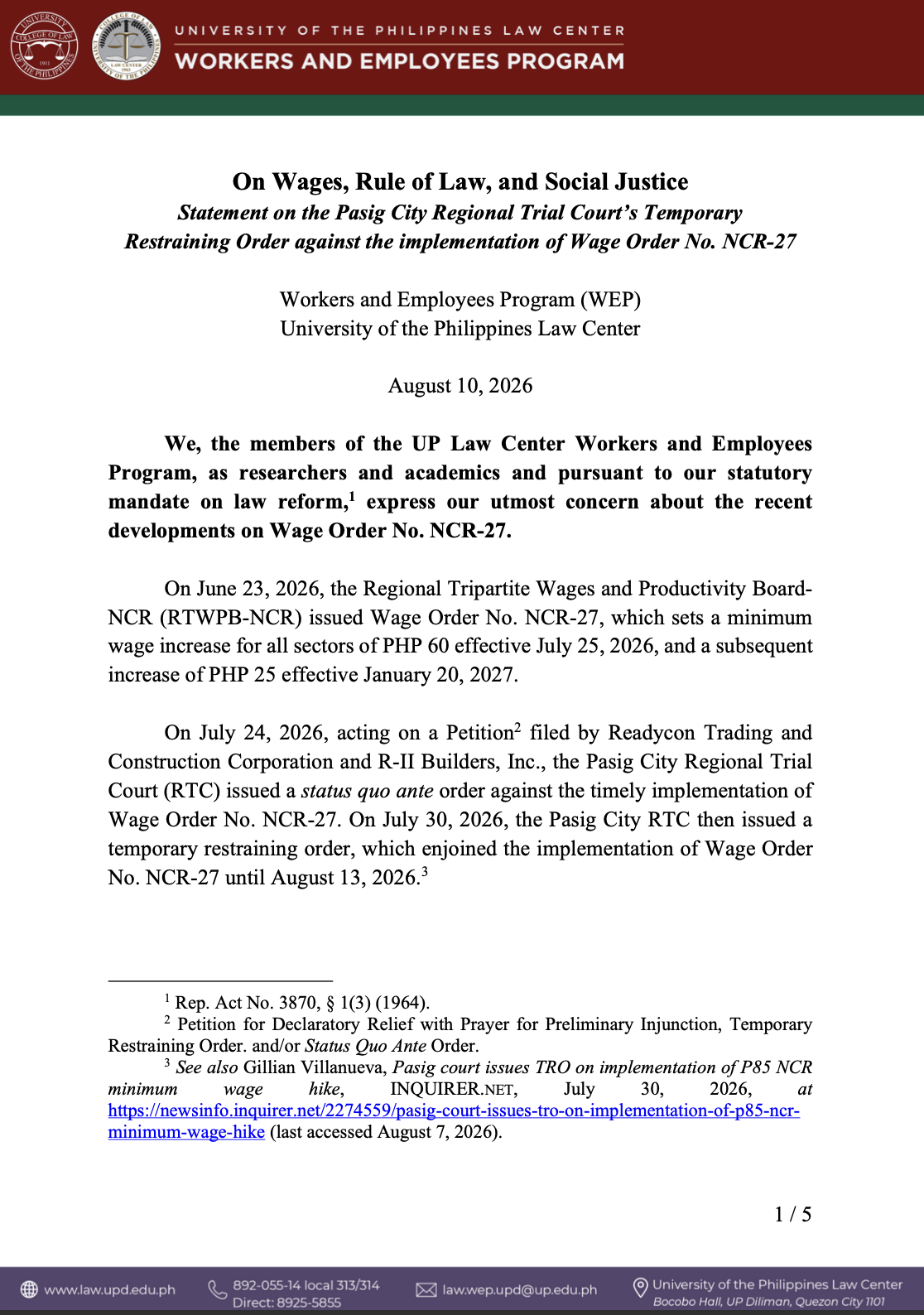 UP Workers and Employees Program issues statement on TRO against implementation of Wage Order No. NCR-2